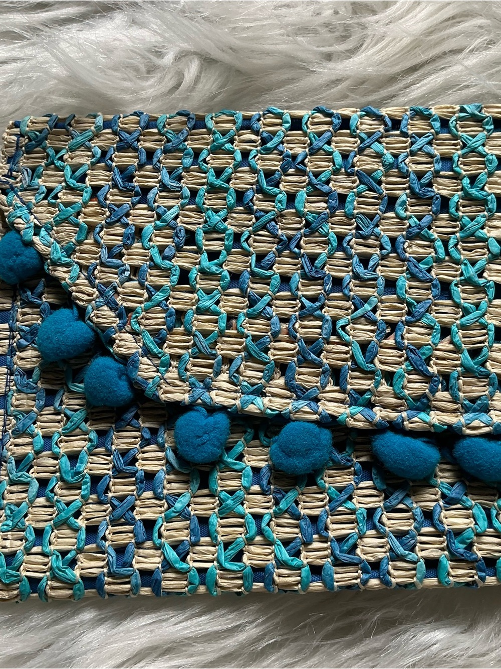 NWT SHEIN Blue Colorful Woven Clutch Handbag with Small Pom Pom Tassels